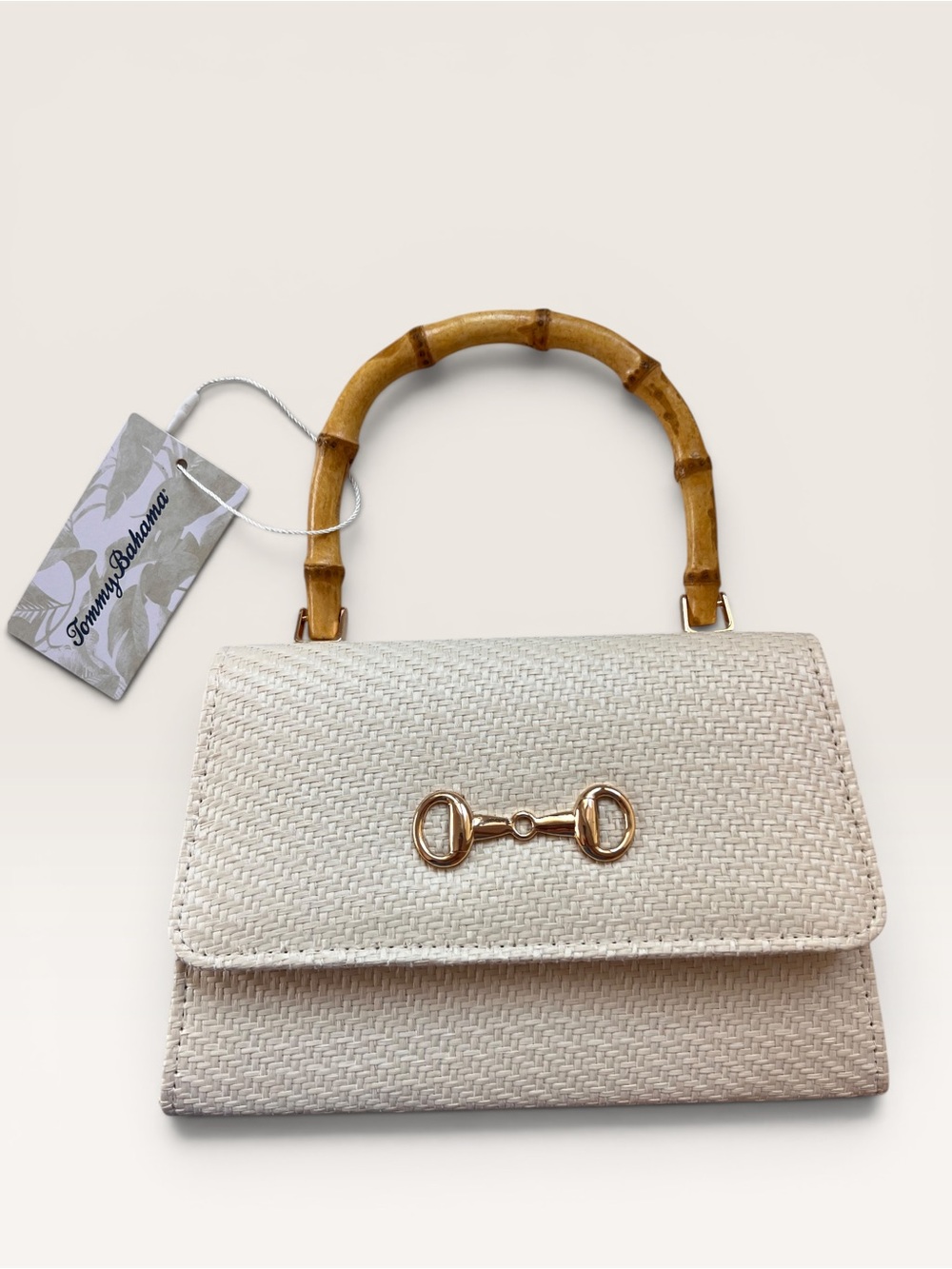 Tommy Bahama woven raffia satchel - bamboo handle and gold chain - Picture 1 of 9